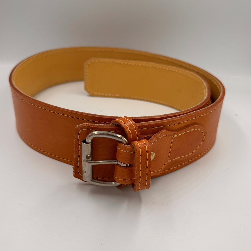 Lifting Workout Rugged Tan Leather Belt Wide Silver Roller Buckle 48 Fitness